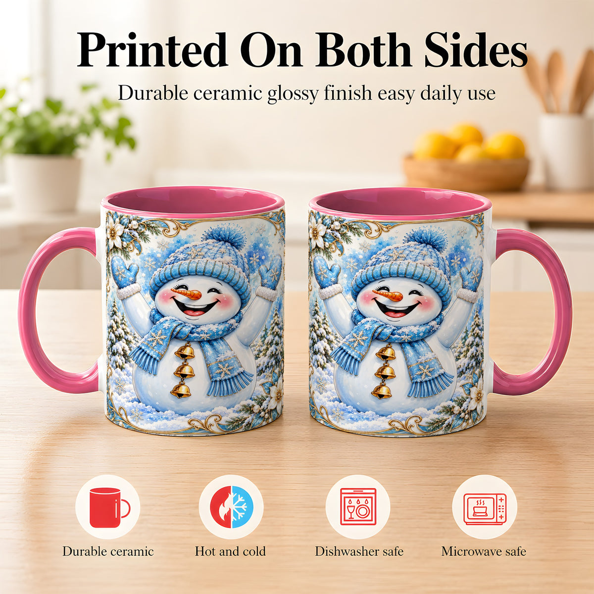 #pl[11oz|Pink] Cheerful Snowman Coffee Mug, Winter Snowman Mug, Ceramic Cup