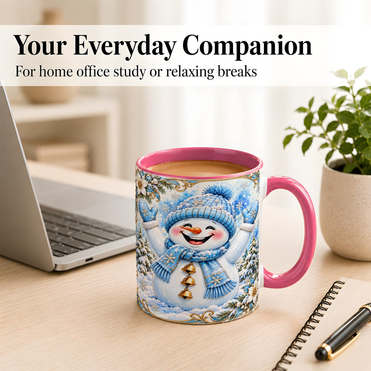 #pl[11oz|Pink] Cheerful Snowman Coffee Mug, Winter Snowman Mug, Ceramic Cup