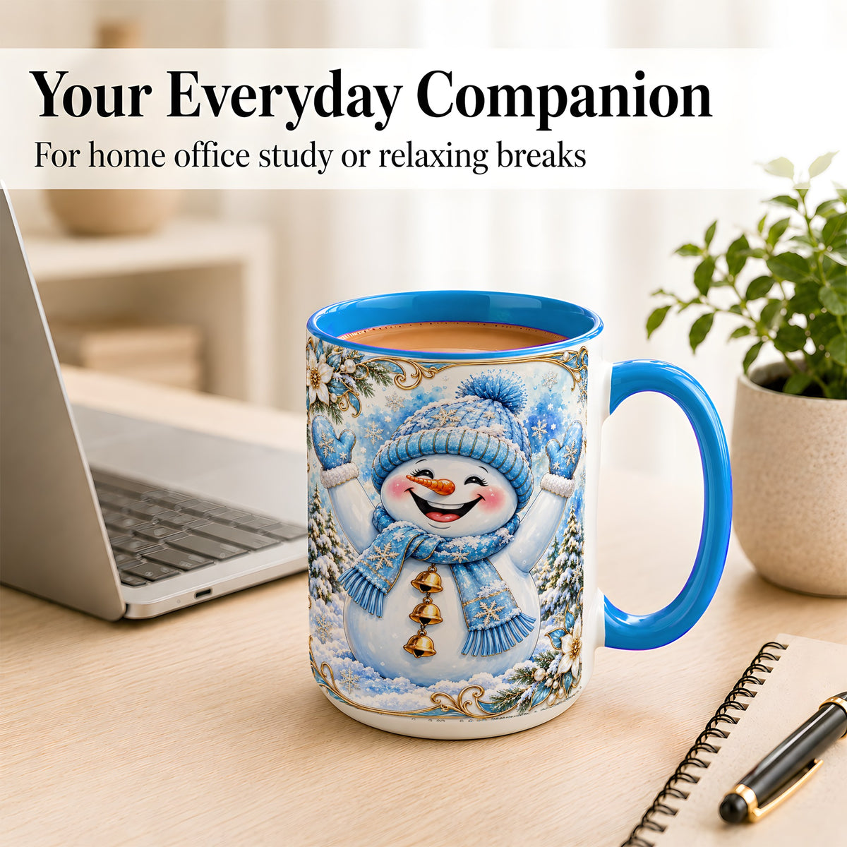 #pl[15oz|Blue] Cheerful Snowman Coffee Mug, Winter Snowman Mug, Ceramic Cup