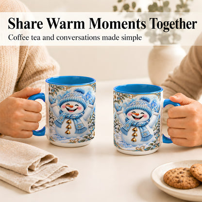 #pl[15oz|Blue] Cheerful Snowman Coffee Mug, Winter Snowman Mug, Ceramic Cup