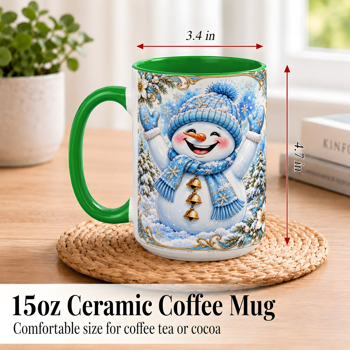 #pl[15oz|Green] Cheerful Snowman Coffee Mug, Winter Snowman Mug, Ceramic Cup