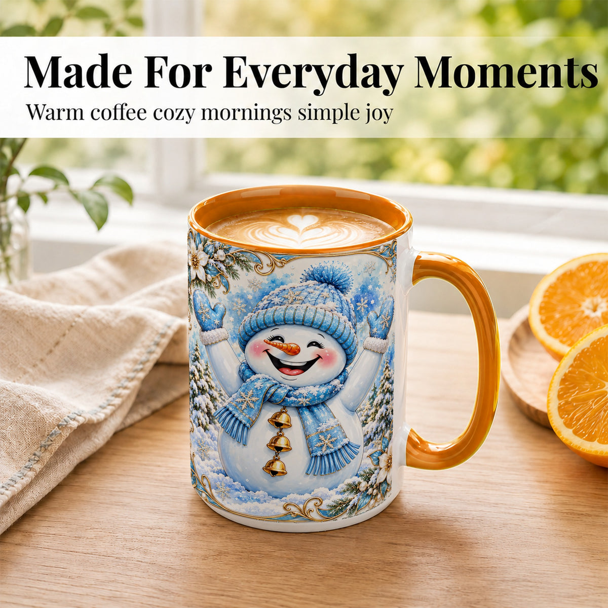 #pl[15oz|Orange] Cheerful Snowman Coffee Mug, Winter Snowman Mug, Ceramic Cup