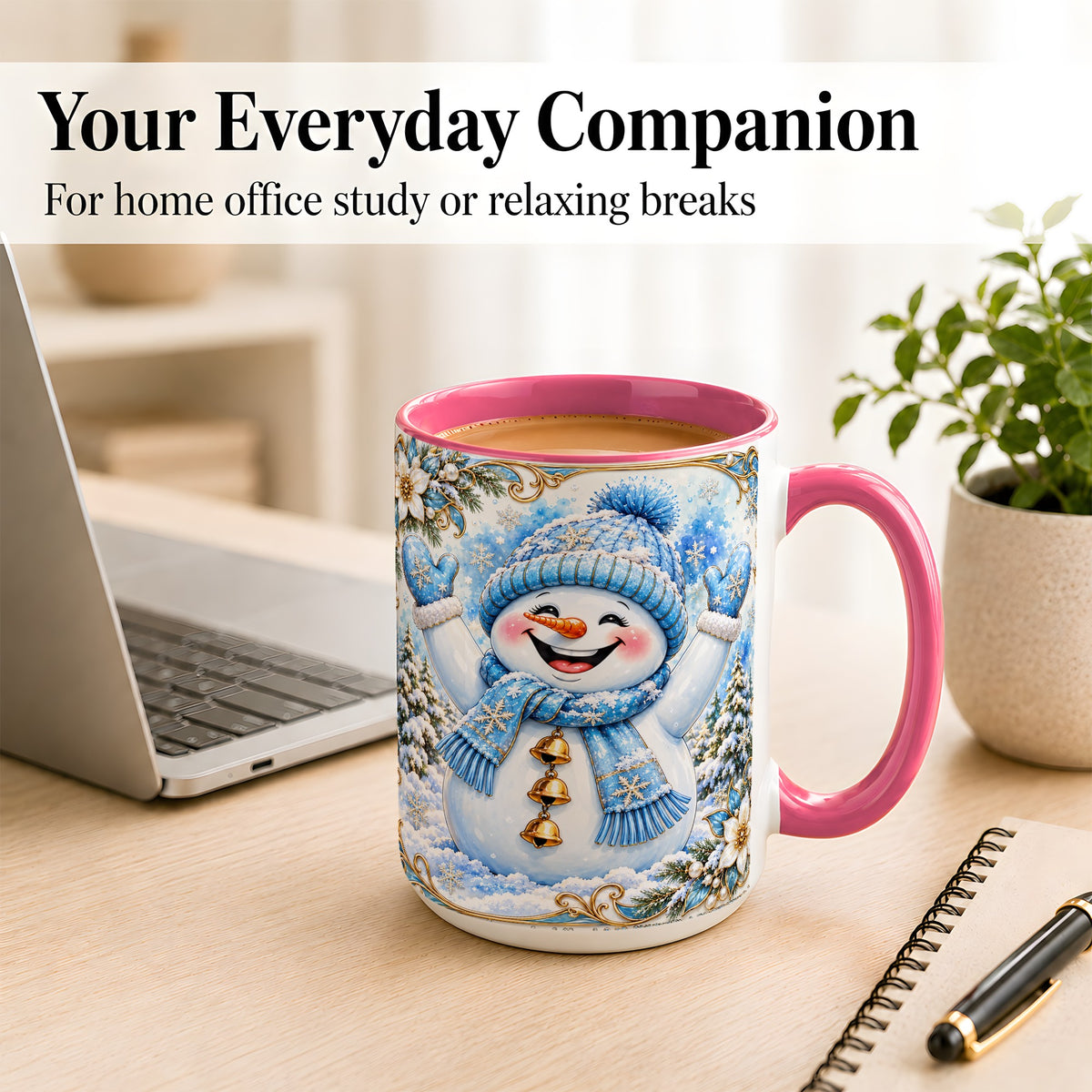 #pl[15oz|Pink] Cheerful Snowman Coffee Mug, Winter Snowman Mug, Ceramic Cup