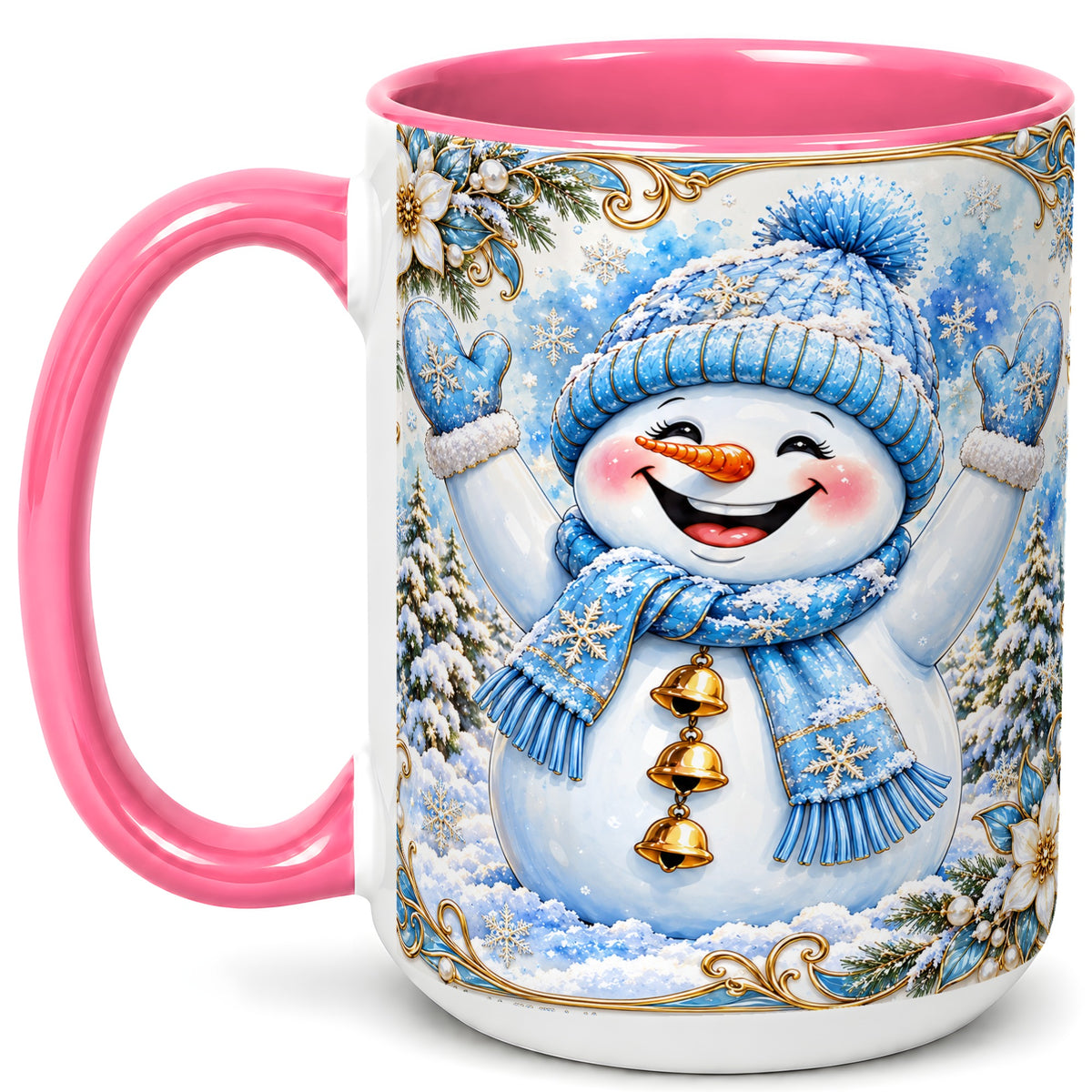 #pl[15oz|Pink] Cheerful Snowman Coffee Mug, Winter Snowman Mug, Ceramic Cup