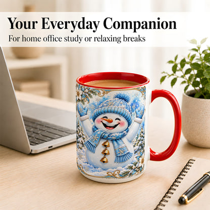 #pl[15oz|Red] Cheerful Snowman Coffee Mug, Winter Snowman Mug, Ceramic Cup