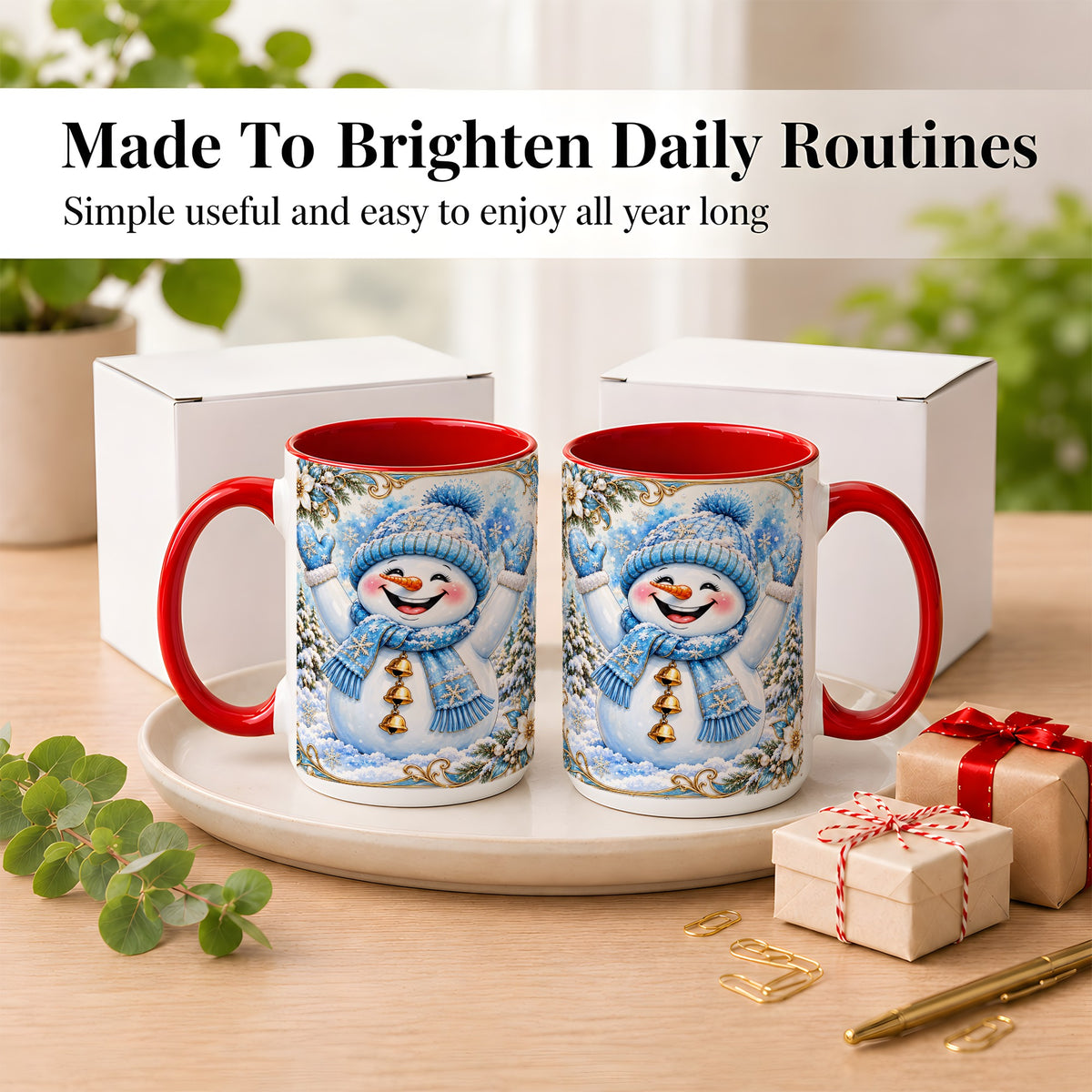 #pl[15oz|Red] Cheerful Snowman Coffee Mug, Winter Snowman Mug, Ceramic Cup