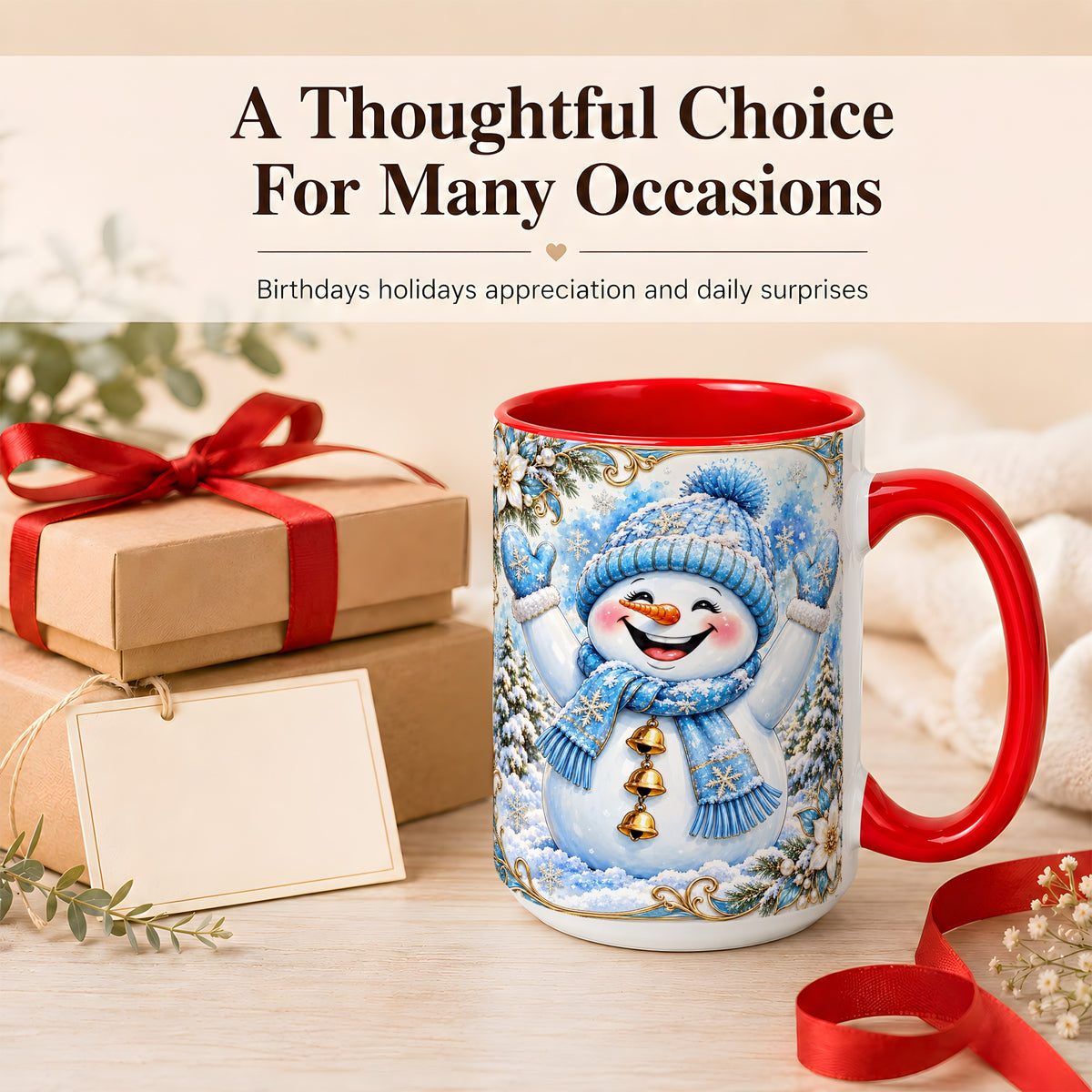 #pl[15oz|Red] Cheerful Snowman Coffee Mug, Winter Snowman Mug, Ceramic Cup