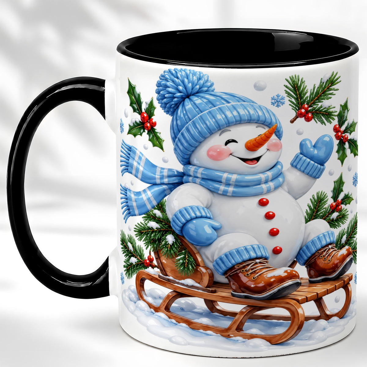 #pl[11oz|Black] Sledding Snowman Coffee Mug, Winter Sled Snowman Mug, Ceramic Cup