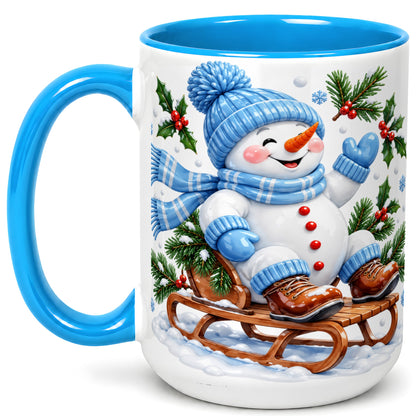 #pl[15oz|Blue] Sledding Snowman Coffee Mug, Winter Sled Snowman Mug, Ceramic Cup