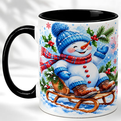 #pl[11oz|Black] Watercolor Snowman Coffee Mug, Sledding Winter Snowman Mug, Ceramic Cup