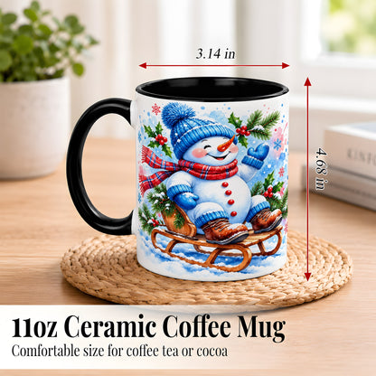 #pl[11oz|Black] Watercolor Snowman Coffee Mug, Sledding Winter Snowman Mug, Ceramic Cup