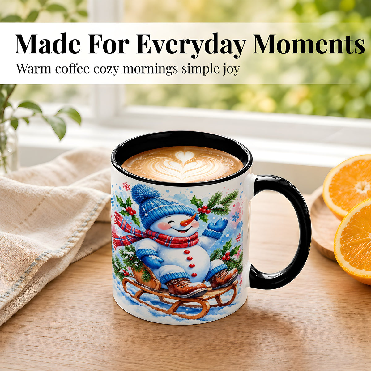#pl[11oz|Black] Watercolor Snowman Coffee Mug, Sledding Winter Snowman Mug, Ceramic Cup