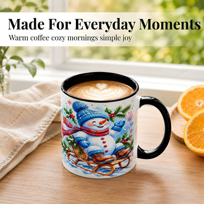 #pl[11oz|Black] Watercolor Snowman Coffee Mug, Sledding Winter Snowman Mug, Ceramic Cup