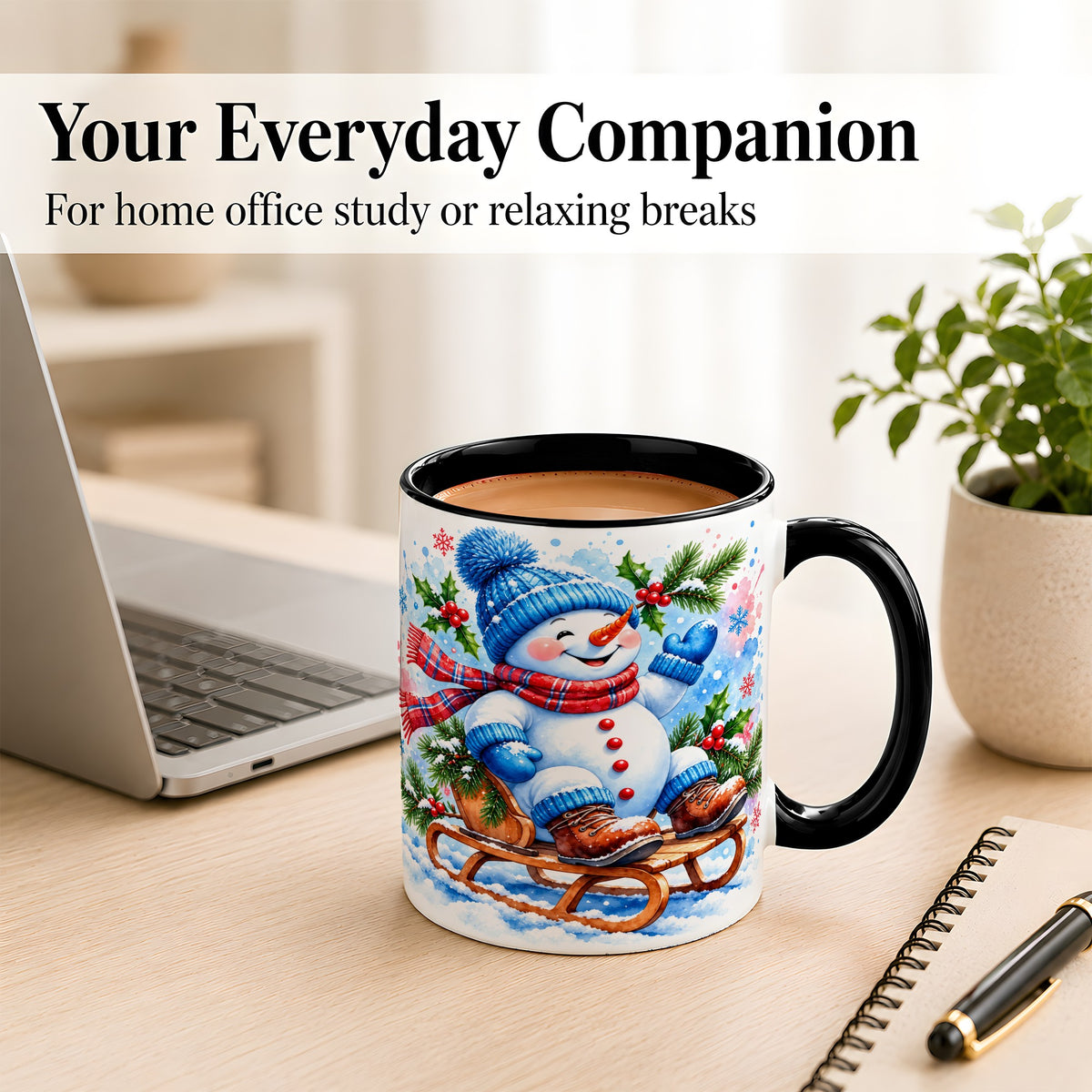 #pl[11oz|Black] Watercolor Snowman Coffee Mug, Sledding Winter Snowman Mug, Ceramic Cup