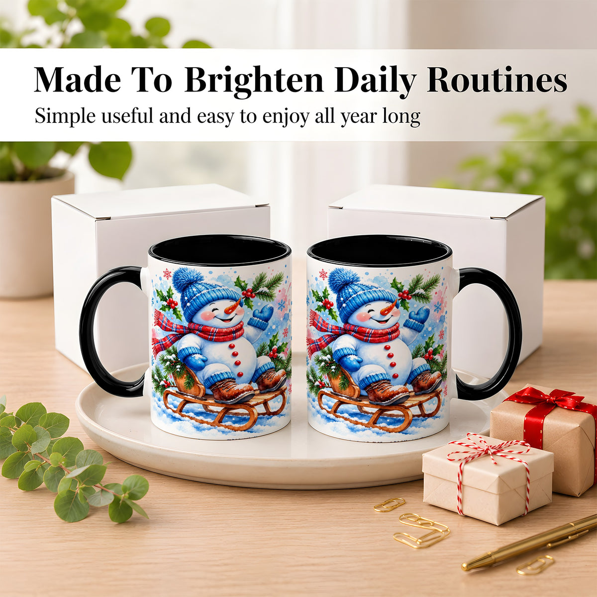 #pl[11oz|Black] Watercolor Snowman Coffee Mug, Sledding Winter Snowman Mug, Ceramic Cup