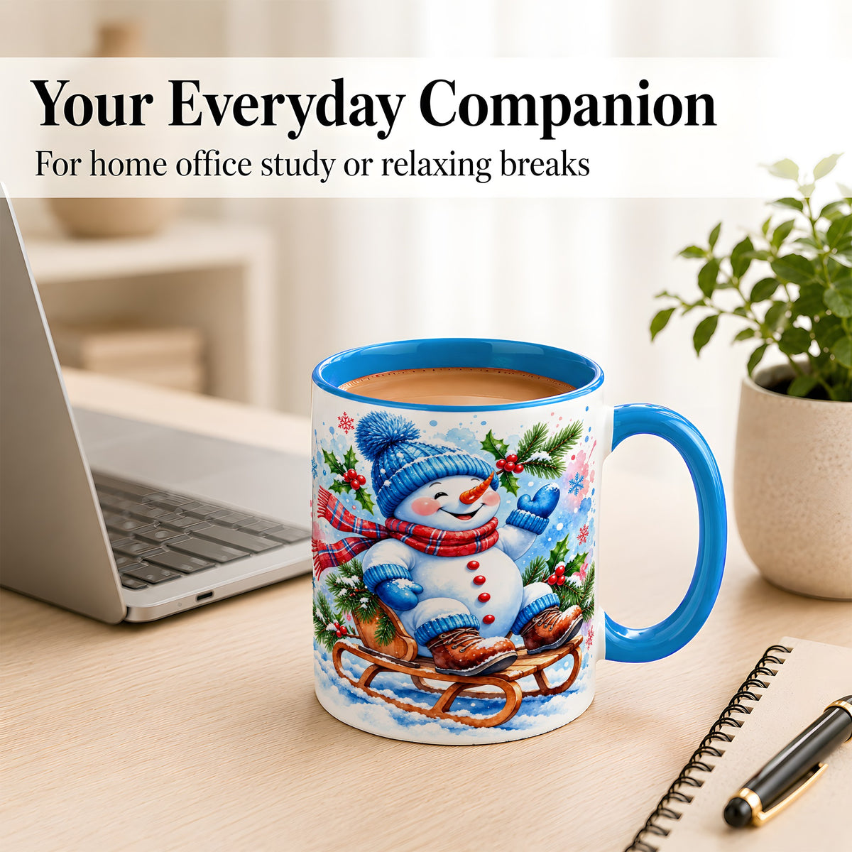 #pl[11oz|Blue] Watercolor Snowman Coffee Mug, Sledding Winter Snowman Mug, Ceramic Cup