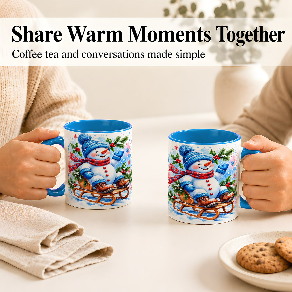 #pl[11oz|Blue] Watercolor Snowman Coffee Mug, Sledding Winter Snowman Mug, Ceramic Cup