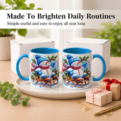 #pl[11oz|Blue] Watercolor Snowman Coffee Mug, Sledding Winter Snowman Mug, Ceramic Cup