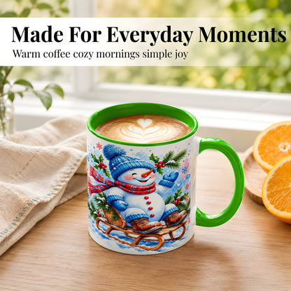 #pl[11oz|Green] Watercolor Snowman Coffee Mug, Sledding Winter Snowman Mug, Ceramic Cup