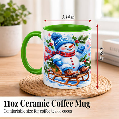 #pl[11oz|Green] Watercolor Snowman Coffee Mug, Sledding Winter Snowman Mug, Ceramic Cup