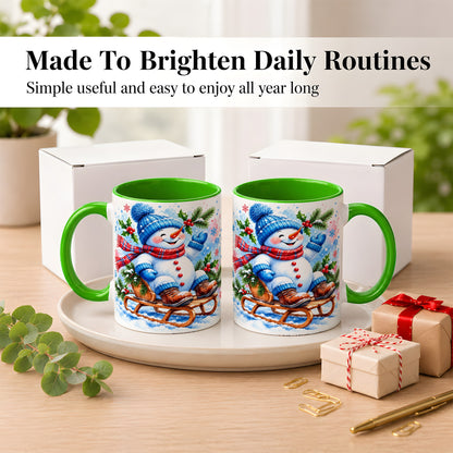 #pl[11oz|Green] Watercolor Snowman Coffee Mug, Sledding Winter Snowman Mug, Ceramic Cup