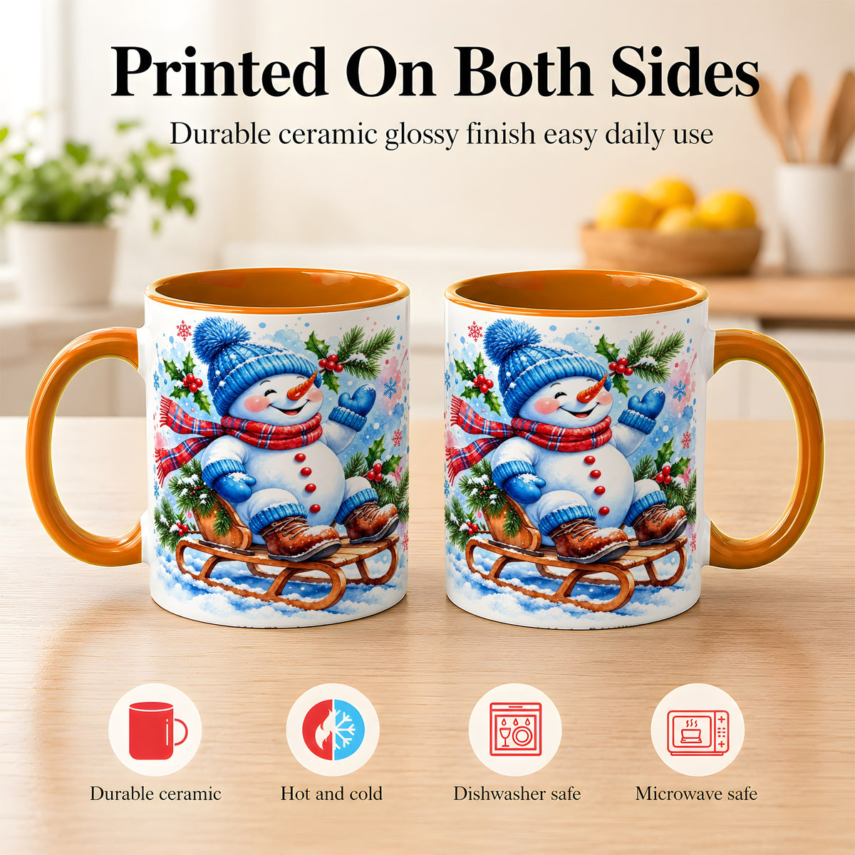 #pl[11oz|Orange] Watercolor Snowman Coffee Mug, Sledding Winter Snowman Mug, Ceramic Cup