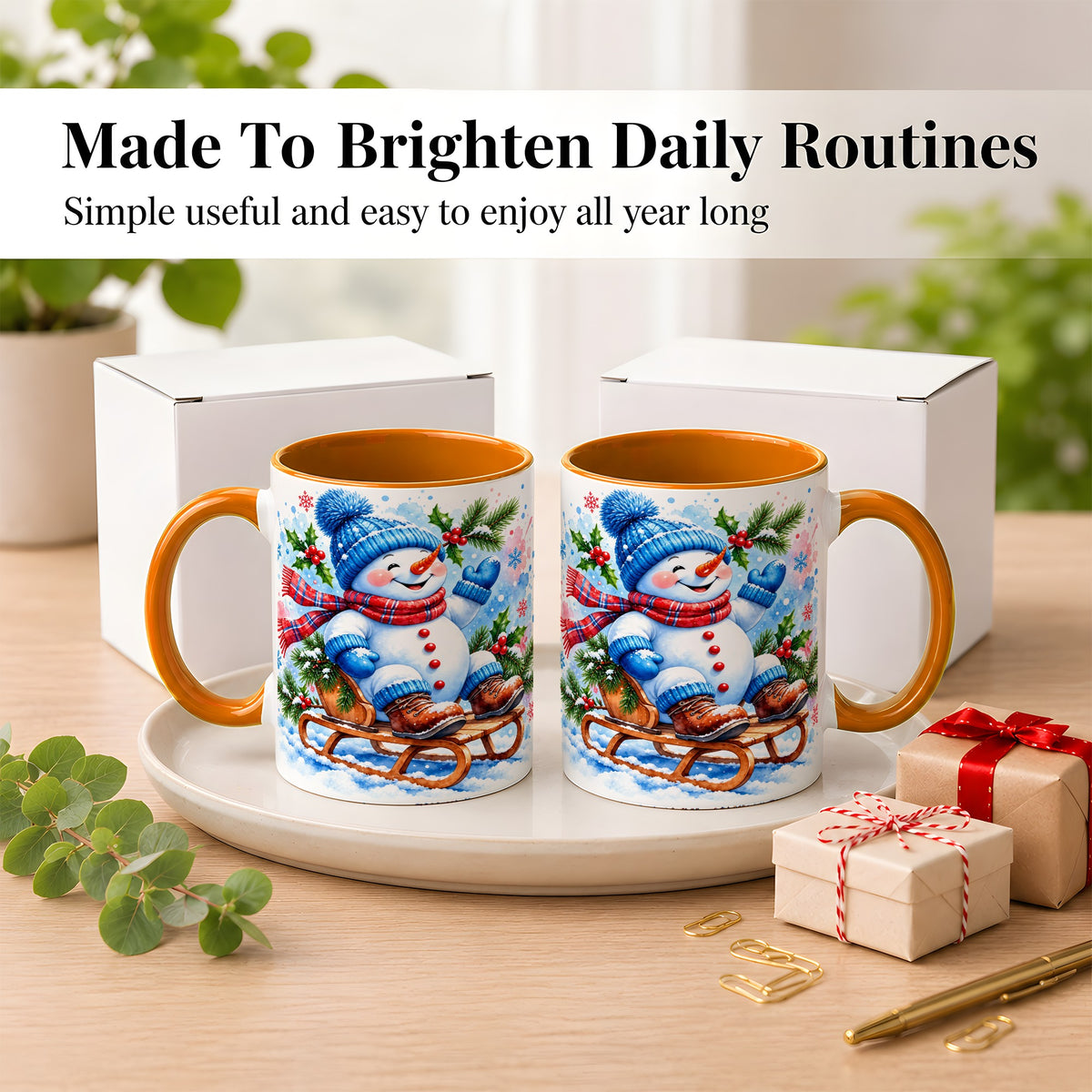 #pl[11oz|Orange] Watercolor Snowman Coffee Mug, Sledding Winter Snowman Mug, Ceramic Cup