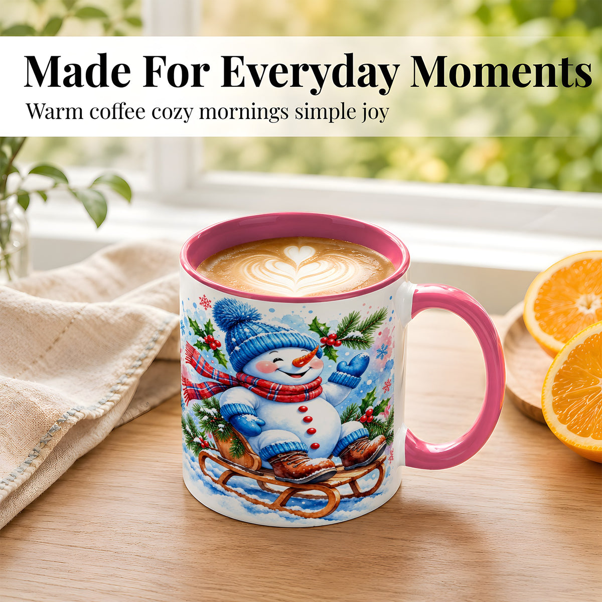 #pl[11oz|Pink] Watercolor Snowman Coffee Mug, Sledding Winter Snowman Mug, Ceramic Cup