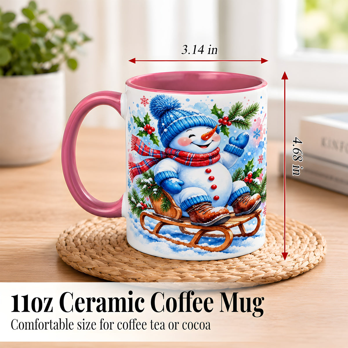 #pl[11oz|Pink] Watercolor Snowman Coffee Mug, Sledding Winter Snowman Mug, Ceramic Cup