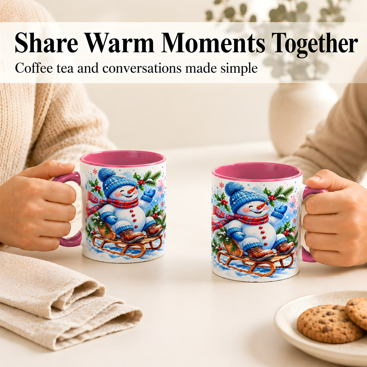 #pl[11oz|Pink] Watercolor Snowman Coffee Mug, Sledding Winter Snowman Mug, Ceramic Cup