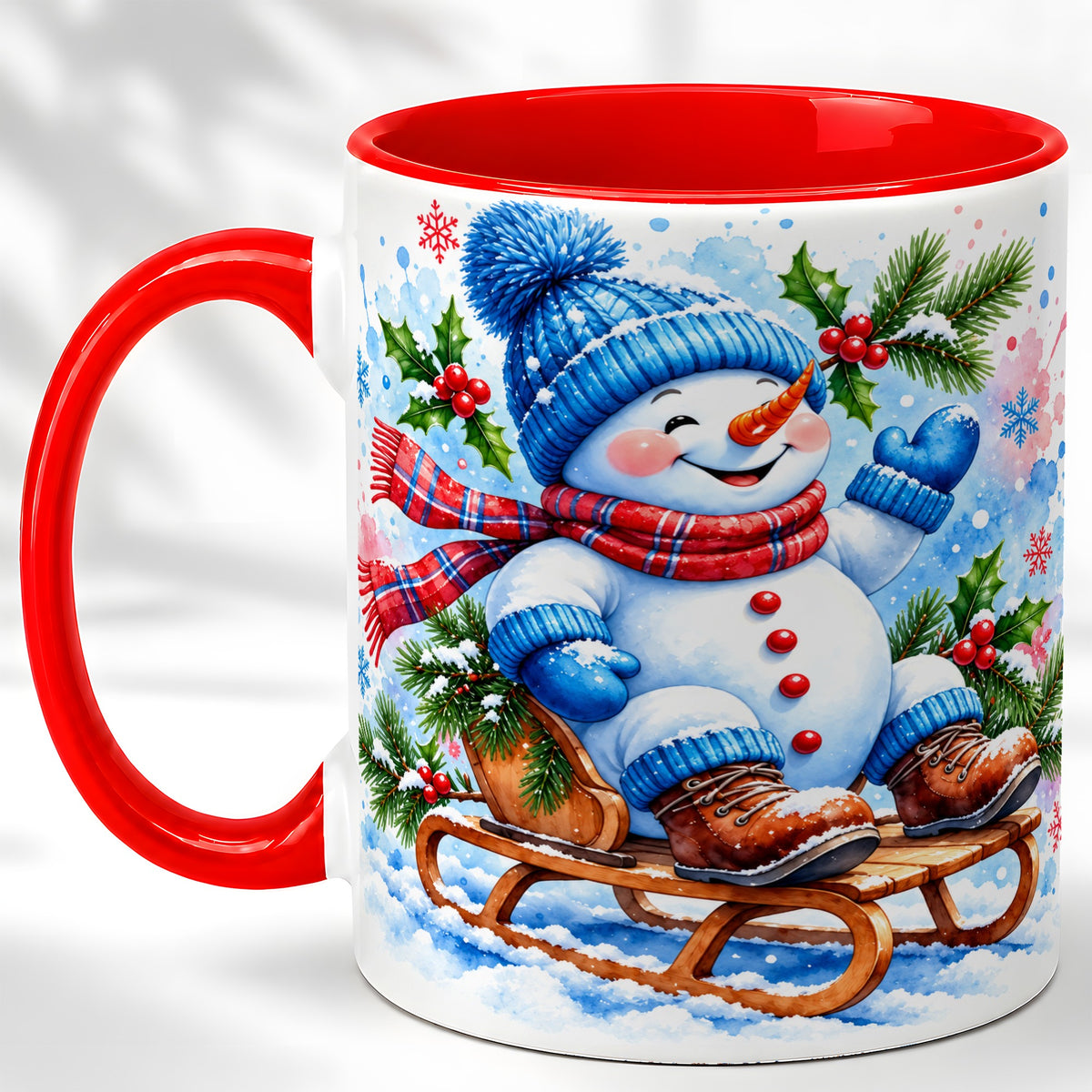 Watercolor Snowman Coffee Mug, Sledding Winter Snowman Mug, Ceramic Cup