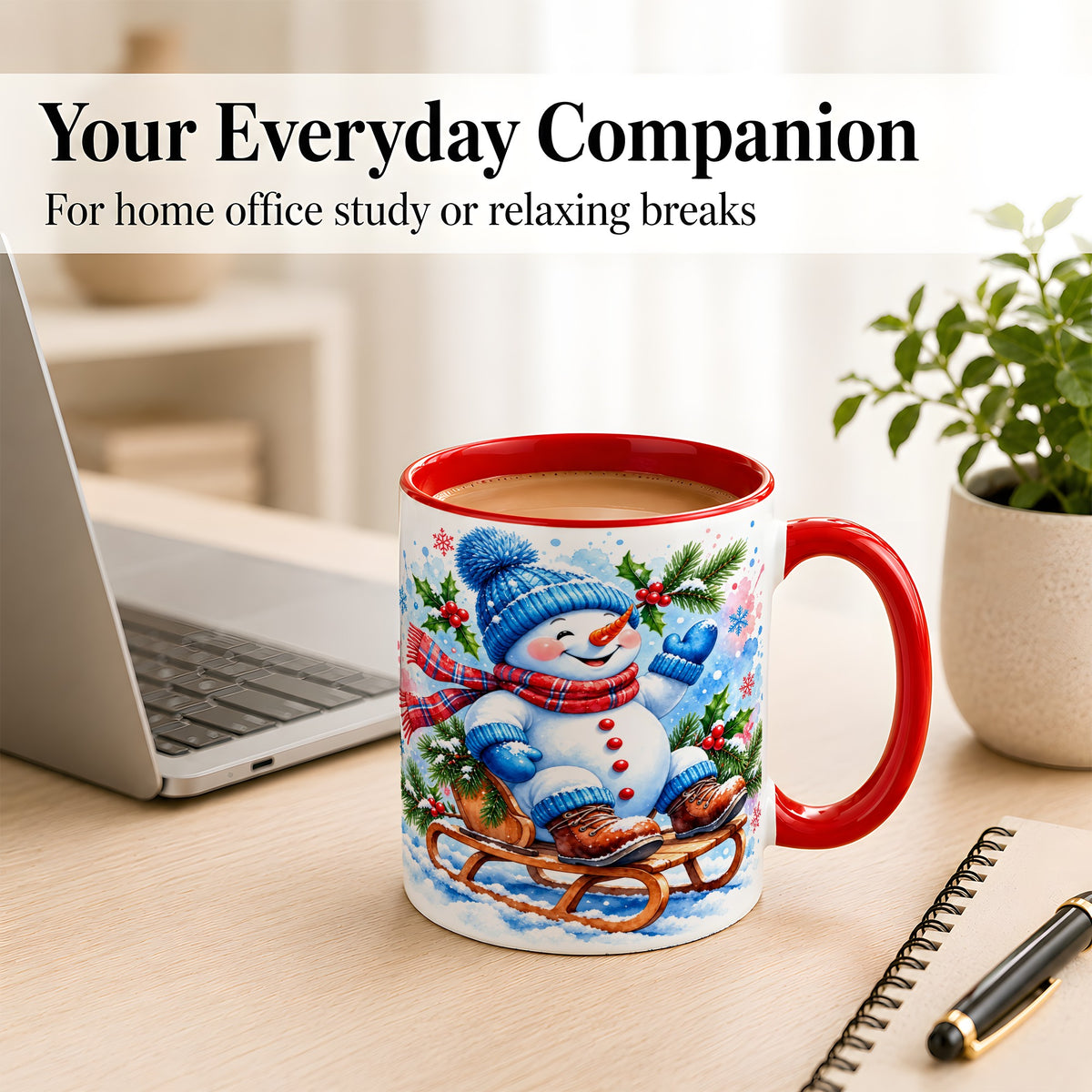 #pl[11oz|Red] Watercolor Snowman Coffee Mug, Sledding Winter Snowman Mug, Ceramic Cup
