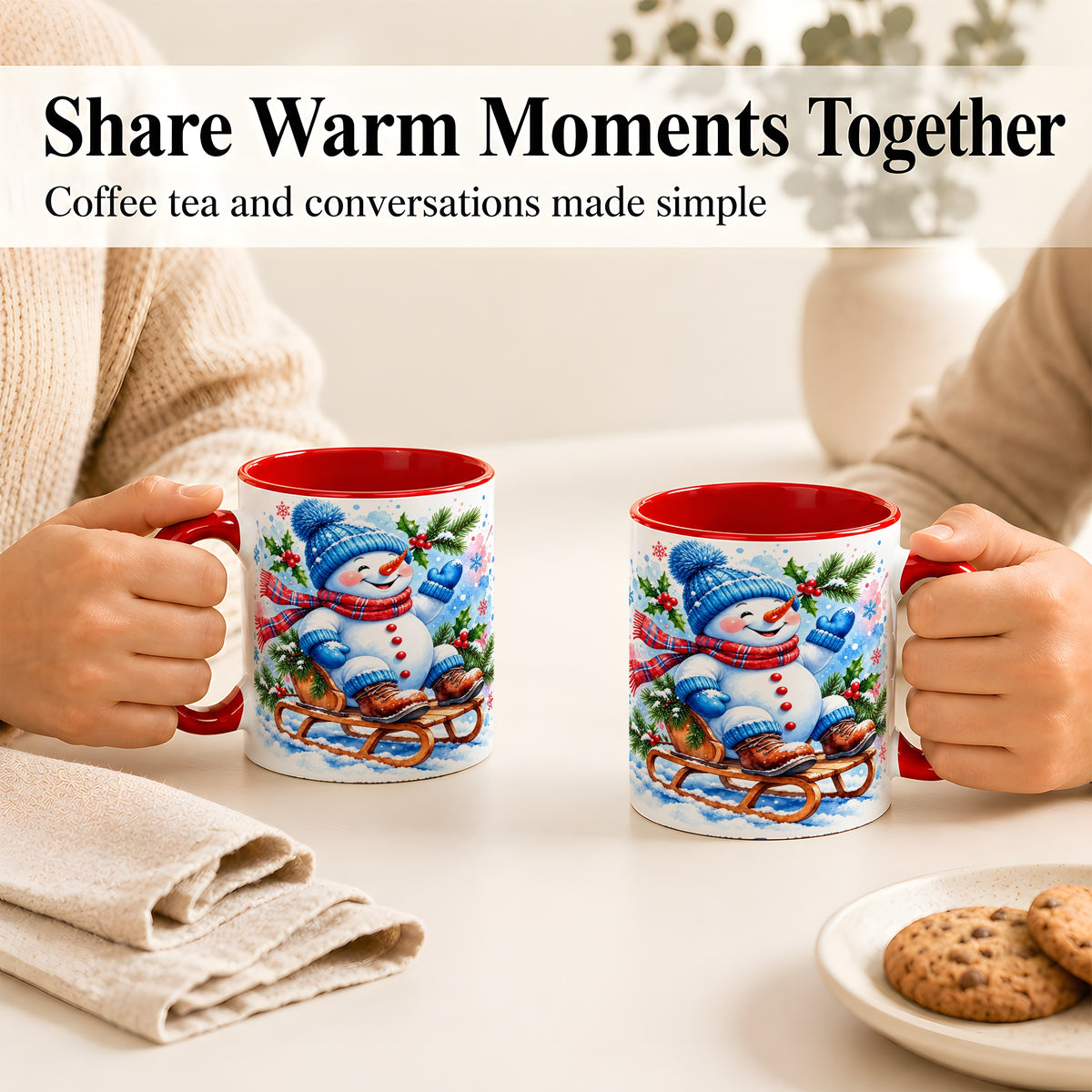 #pl[11oz|Red] Watercolor Snowman Coffee Mug, Sledding Winter Snowman Mug, Ceramic Cup