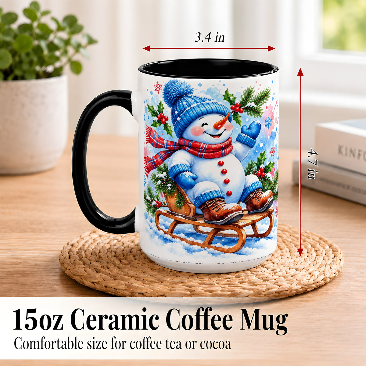 #pl[15oz|Black] Watercolor Snowman Coffee Mug, Sledding Winter Snowman Mug, Ceramic Cup