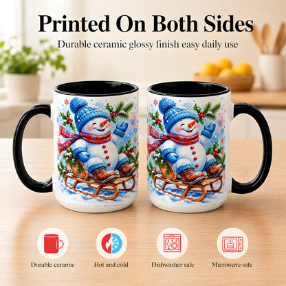 #pl[15oz|Black] Watercolor Snowman Coffee Mug, Sledding Winter Snowman Mug, Ceramic Cup