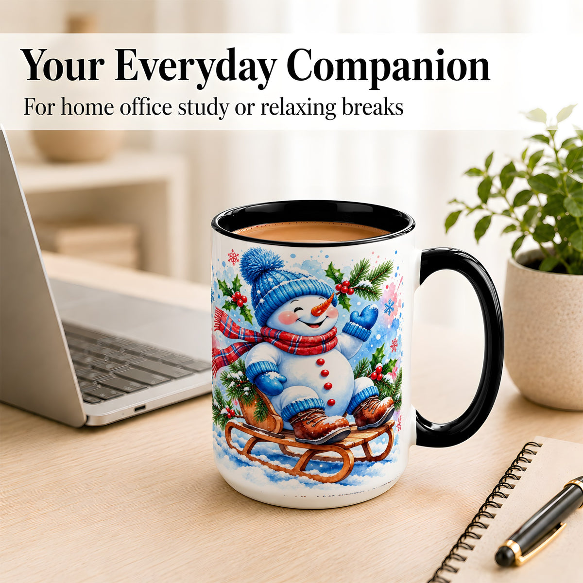 #pl[15oz|Black] Watercolor Snowman Coffee Mug, Sledding Winter Snowman Mug, Ceramic Cup