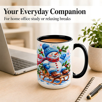 #pl[15oz|Black] Watercolor Snowman Coffee Mug, Sledding Winter Snowman Mug, Ceramic Cup