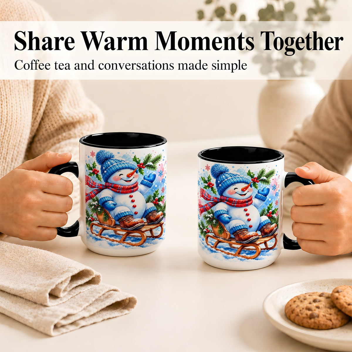 #pl[15oz|Black] Watercolor Snowman Coffee Mug, Sledding Winter Snowman Mug, Ceramic Cup