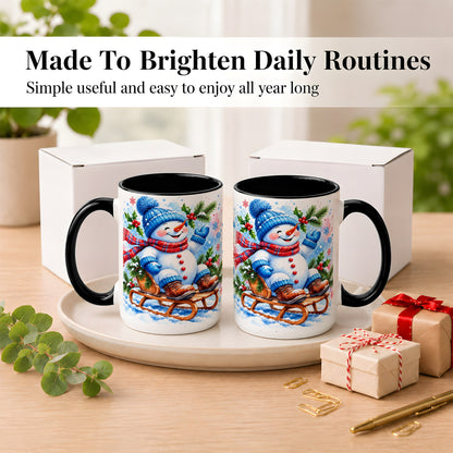 #pl[15oz|Black] Watercolor Snowman Coffee Mug, Sledding Winter Snowman Mug, Ceramic Cup