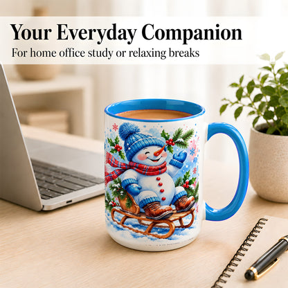 #pl[15oz|Blue] Watercolor Snowman Coffee Mug, Sledding Winter Snowman Mug, Ceramic Cup
