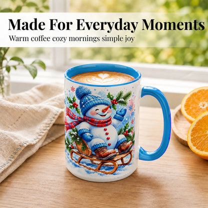 #pl[15oz|Blue] Watercolor Snowman Coffee Mug, Sledding Winter Snowman Mug, Ceramic Cup