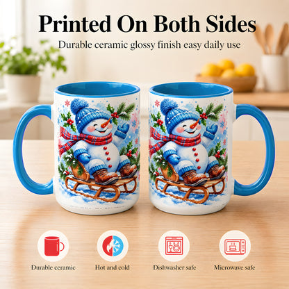 #pl[15oz|Blue] Watercolor Snowman Coffee Mug, Sledding Winter Snowman Mug, Ceramic Cup
