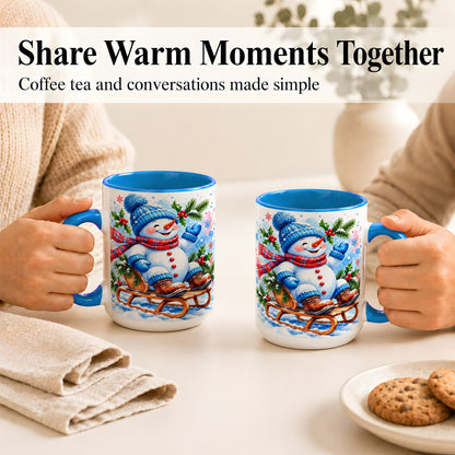 #pl[15oz|Blue] Watercolor Snowman Coffee Mug, Sledding Winter Snowman Mug, Ceramic Cup