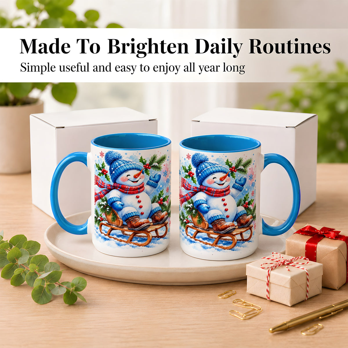 #pl[15oz|Blue] Watercolor Snowman Coffee Mug, Sledding Winter Snowman Mug, Ceramic Cup