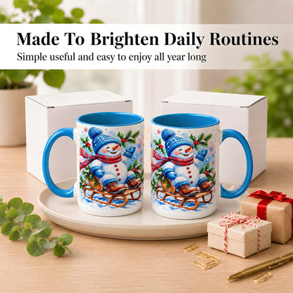 #pl[15oz|Blue] Watercolor Snowman Coffee Mug, Sledding Winter Snowman Mug, Ceramic Cup
