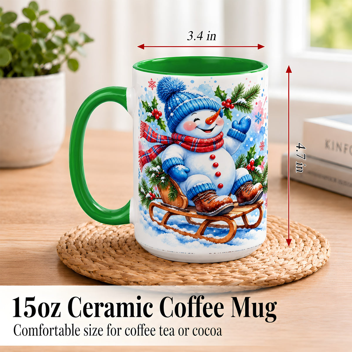 #pl[15oz|Green] Watercolor Snowman Coffee Mug, Sledding Winter Snowman Mug, Ceramic Cup