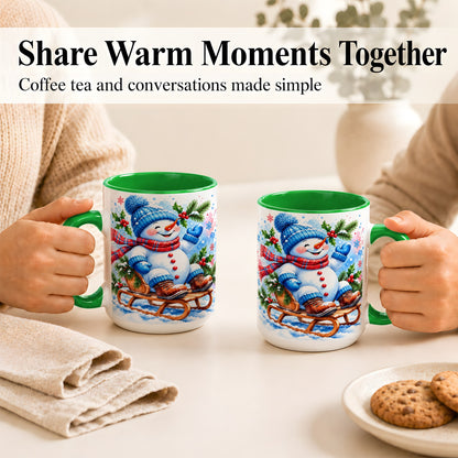 #pl[15oz|Green] Watercolor Snowman Coffee Mug, Sledding Winter Snowman Mug, Ceramic Cup