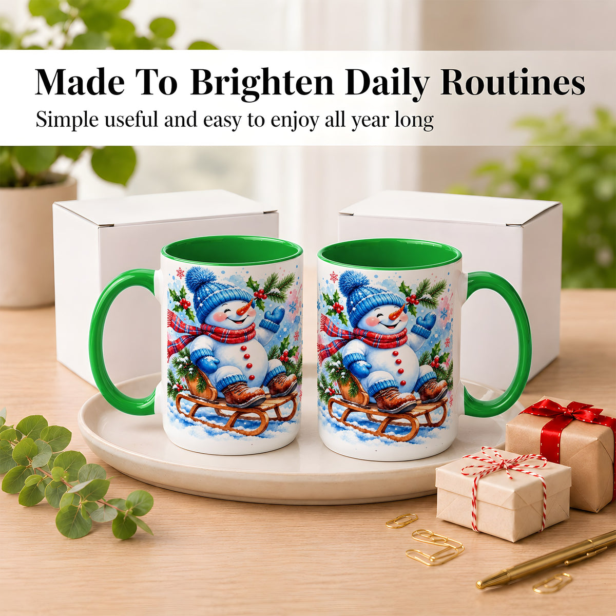 #pl[15oz|Green] Watercolor Snowman Coffee Mug, Sledding Winter Snowman Mug, Ceramic Cup