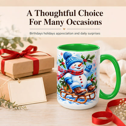 #pl[15oz|Green] Watercolor Snowman Coffee Mug, Sledding Winter Snowman Mug, Ceramic Cup