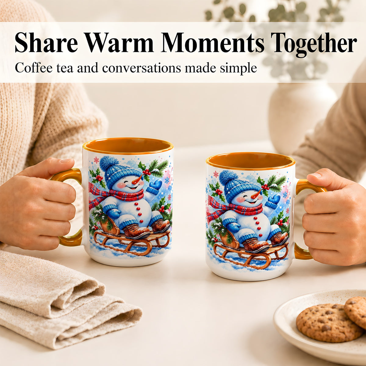 #pl[15oz|Orange] Watercolor Snowman Coffee Mug, Sledding Winter Snowman Mug, Ceramic Cup